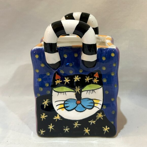Milson & Louis Hand Painted Ceramic Planter Whimsical Cat on Shopping Bag Tote - Picture 1 of 10
